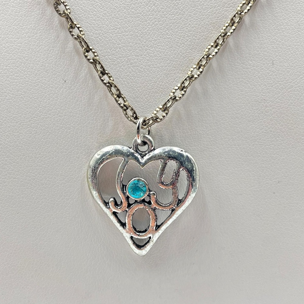 Vintage Y2K Silver Tone I Love You Heart Pendant Necklace Aqua Blue Rhinestone